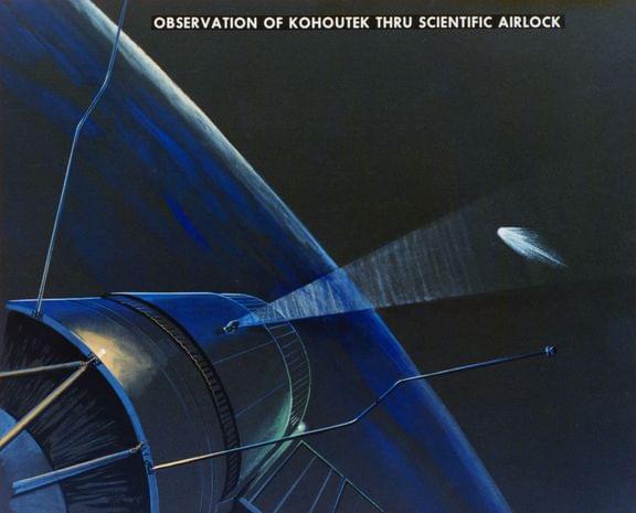 Artist's concept of Skylab 4 astronauts observing Comet Kohoutek